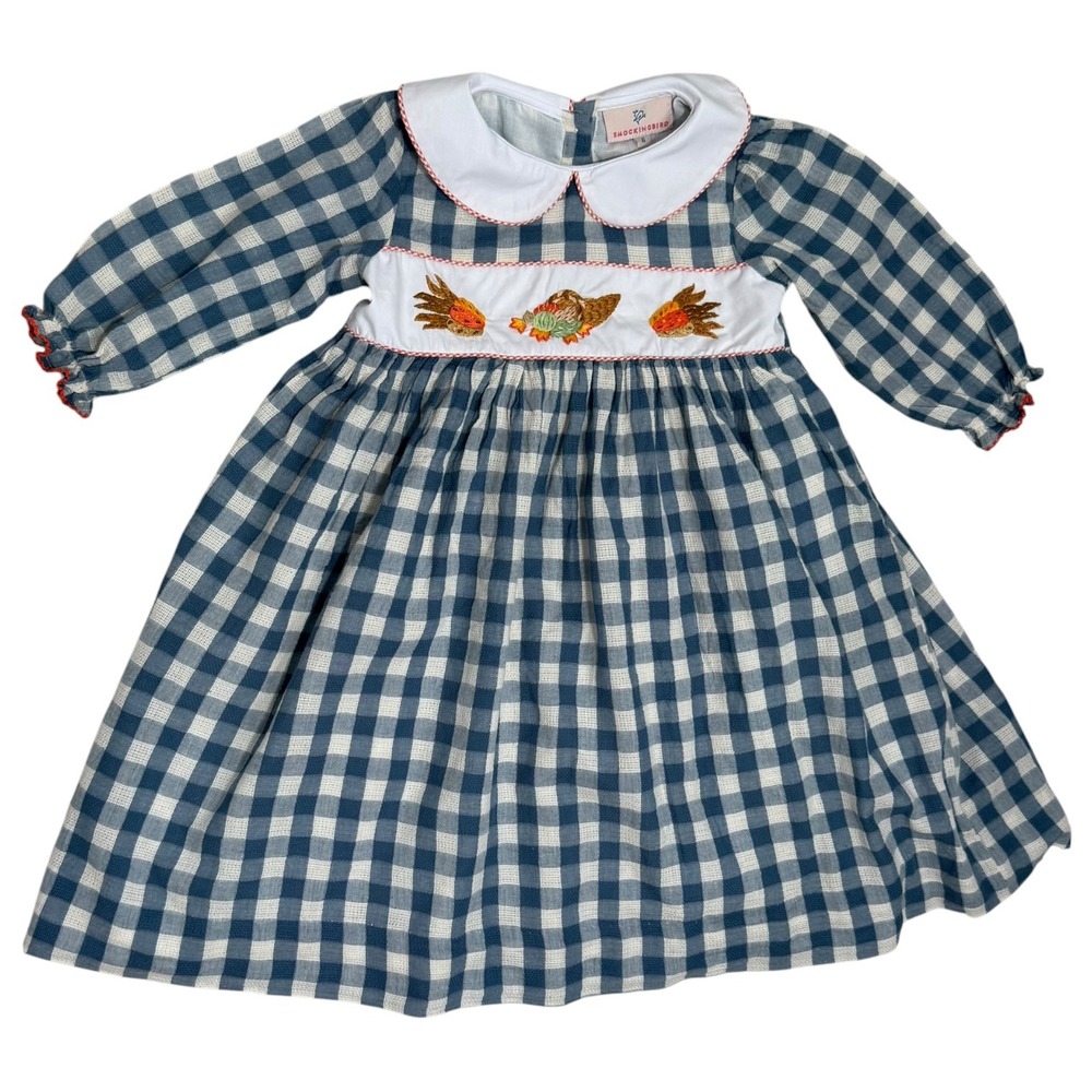 Smockingbird Girls 6 Blue Gingham Smocked Embroidered Thanksgiving Dress